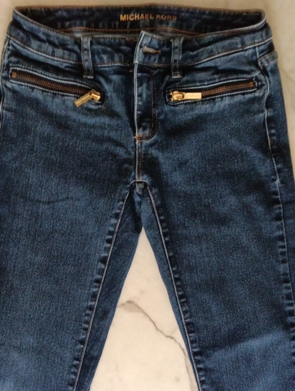 Michael Kors Women's Dark Wash Skinny Jeans with Gold Zipper Accents